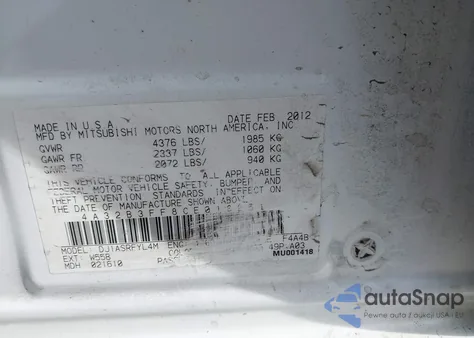 2012 Mitsubishi Galant Es/Se z USA, uszkodzony, nr VIN 4A32B3FF8CE018251